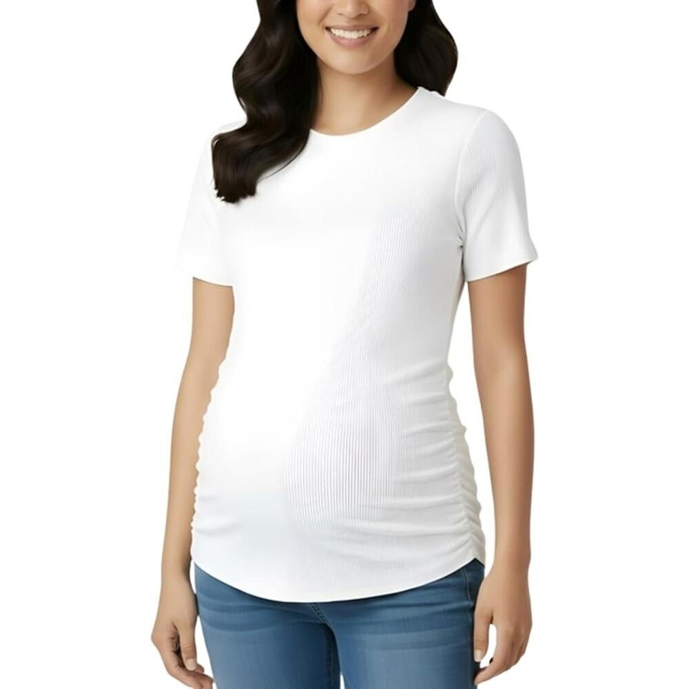 Motherhood Maternity Women's Pregnancy T-Shirt MEDIUM White Short Sleeve Ruching